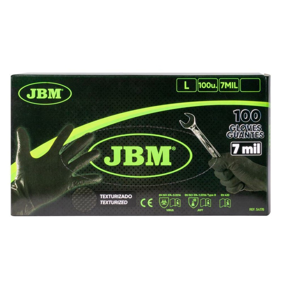 Proteccion Y Seguridad JBM | Guantes Negros Desechables De Nitrilo T:L 7,0Mil (100 Uds.) Textura Diamante